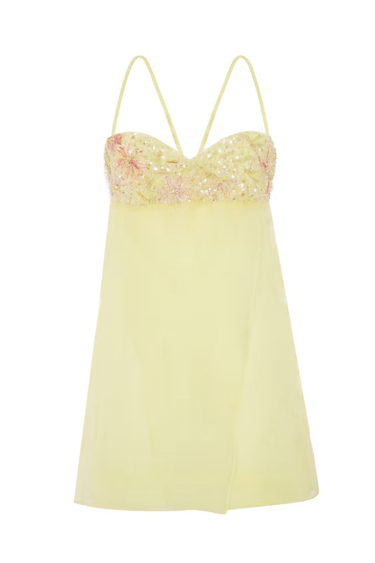 Floral Embroidered Sequin Mini Dress with Crisscross Back