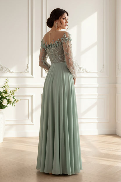 Illusion Long Sleeve A-Line Chiffon Evening Gown