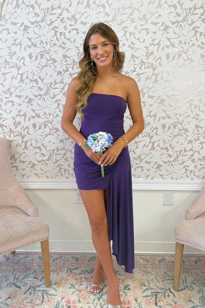 Strapless Ruched Mini Dress with Cascading Drape