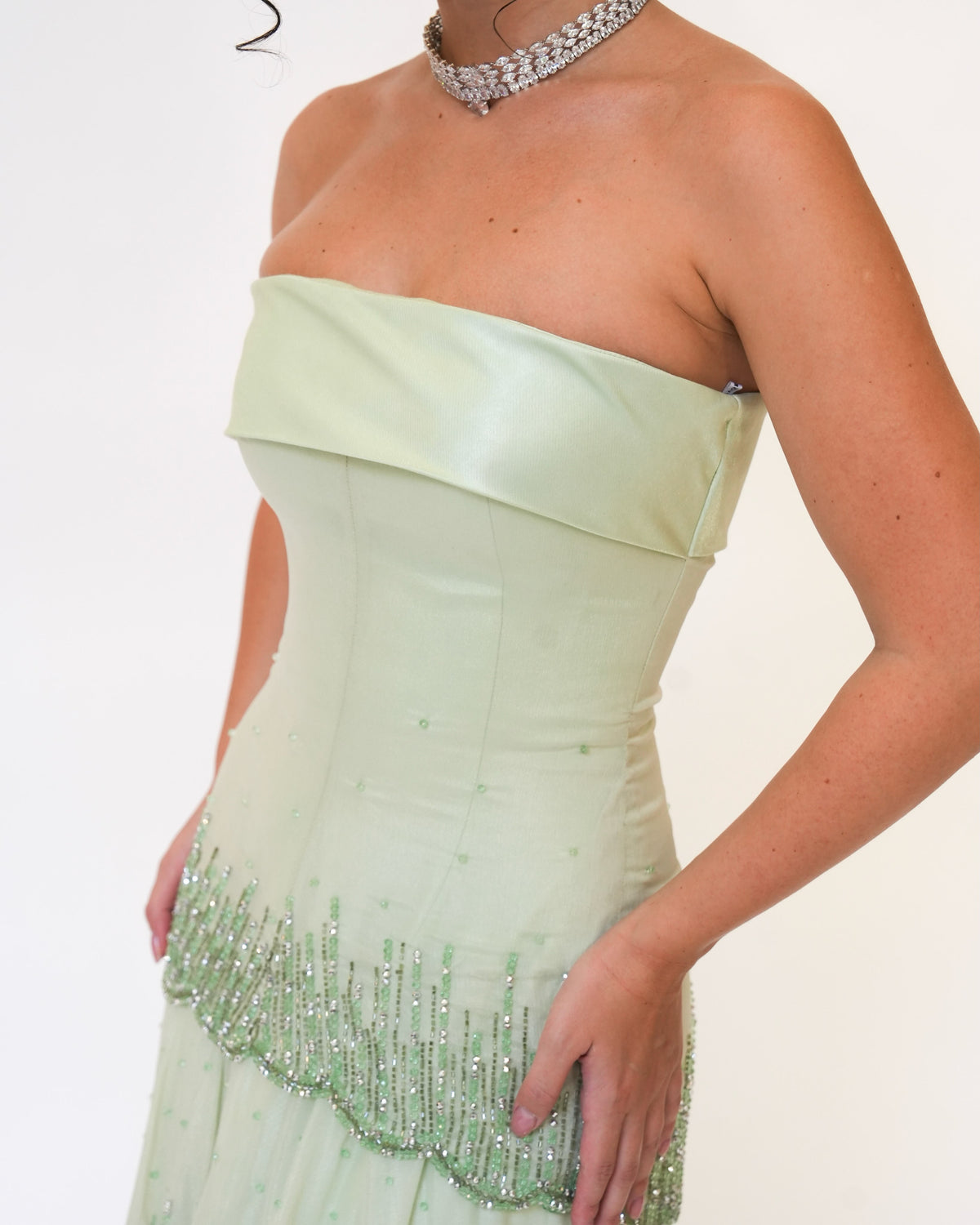 Strapless Tiered Beaded Evening Gown