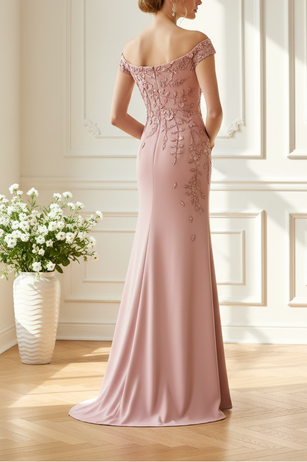 Off-the-Shoulder Appliqued Sheath Gown
