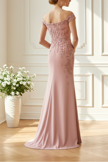 Off-the-Shoulder Appliqued Sheath Gown