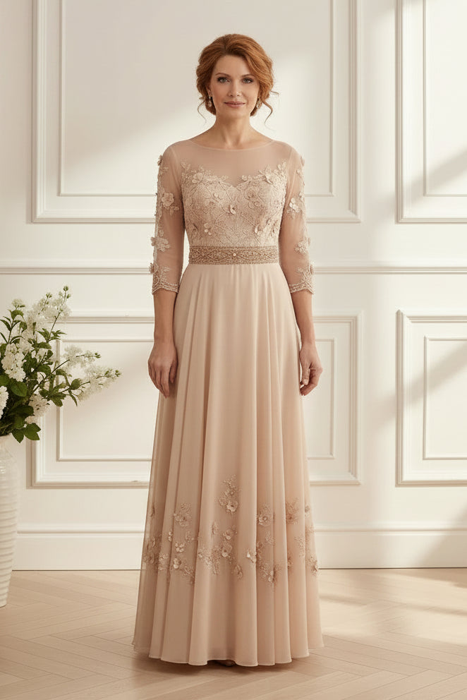 Illusion 3/4 Sleeve A-Line Chiffon Gown