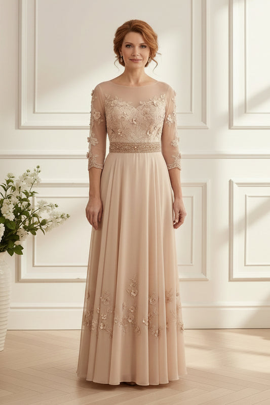 Illusion 3/4 Sleeve A-Line Chiffon Gown