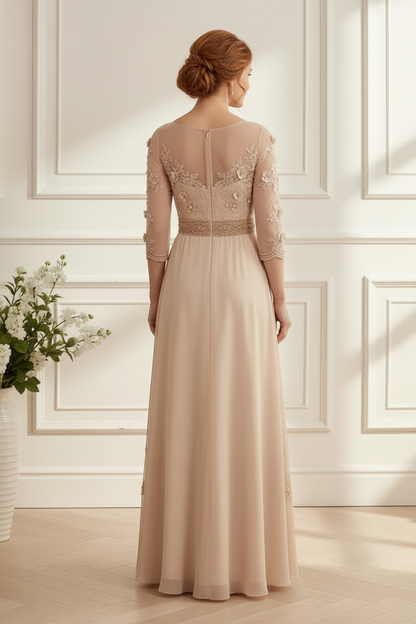 Illusion 3/4 Sleeve A-Line Chiffon Gown