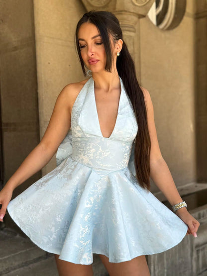 Floral Jacquard Halter Mini Dress with Back Bow