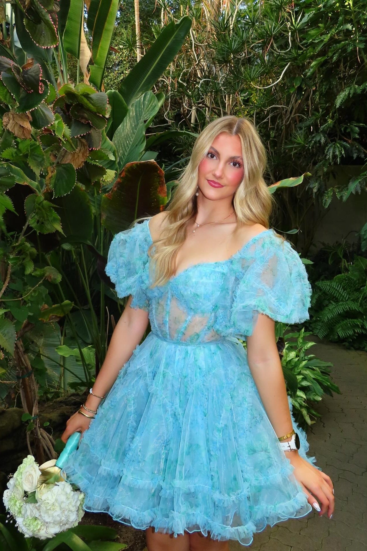 Tiered Tulle Corset Mini Dress with Puff Sleeves