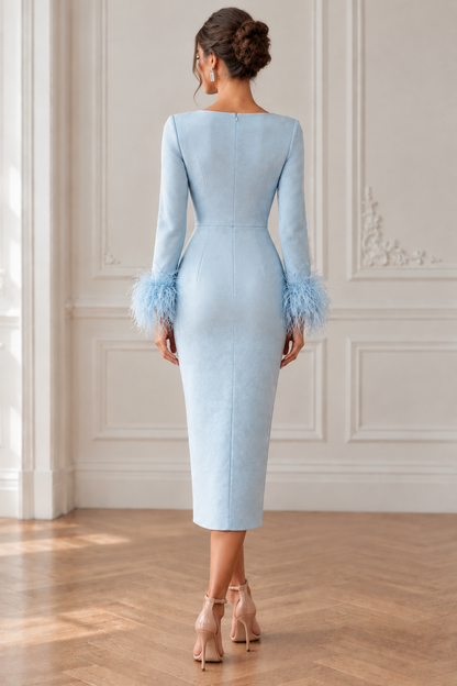 Feather-Cuff Long-Sleeve Wrap Midi Dress