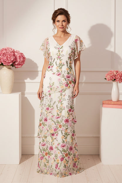 Floral Embroidered Tiered Gown with Flutter Sleeves