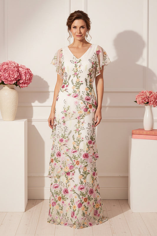Floral Embroidered Tiered Gown with Flutter Sleeves
