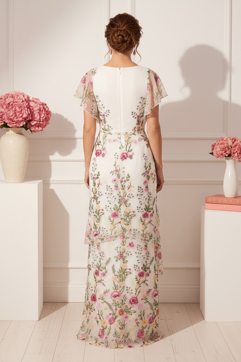Floral Embroidered Tiered Gown with Flutter Sleeves