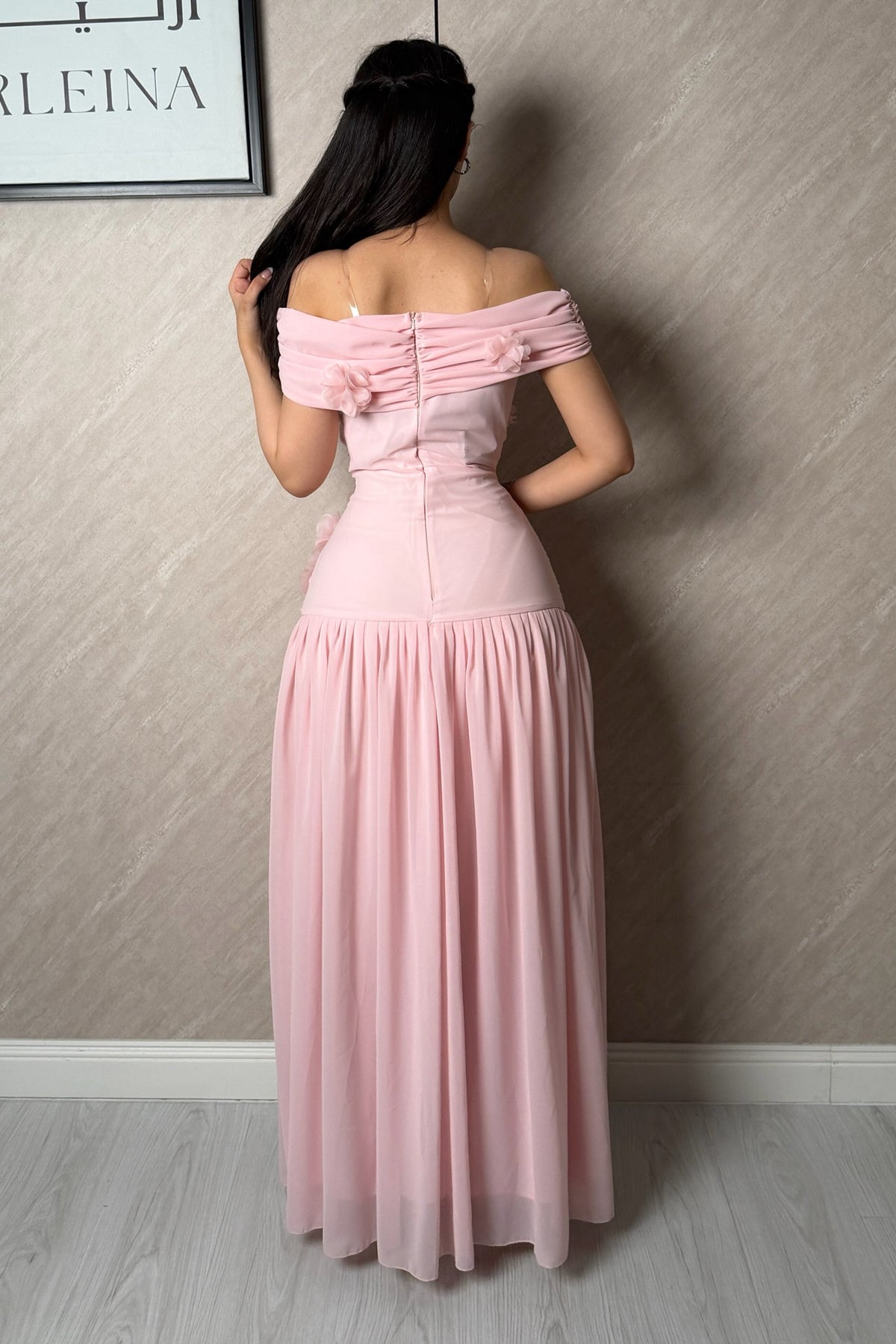 Off-the-Shoulder Floral Appliqué Maxi Dress