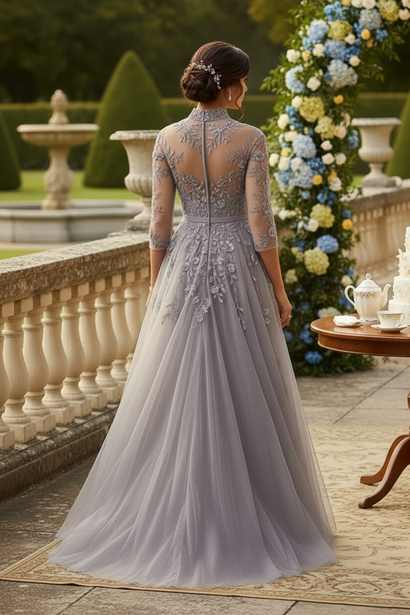 Illusion High Neck Beaded Lace A-Line Evening Gown