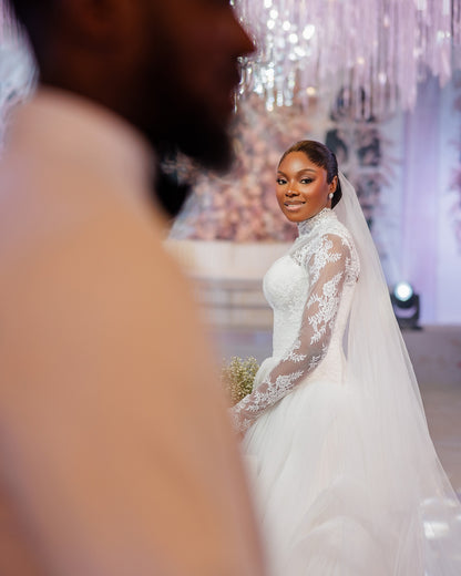 High Neck Lace Long Sleeve Ball Gown Wedding Dress