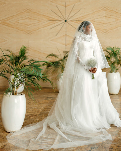 High Neck Lace Long Sleeve Ball Gown Wedding Dress