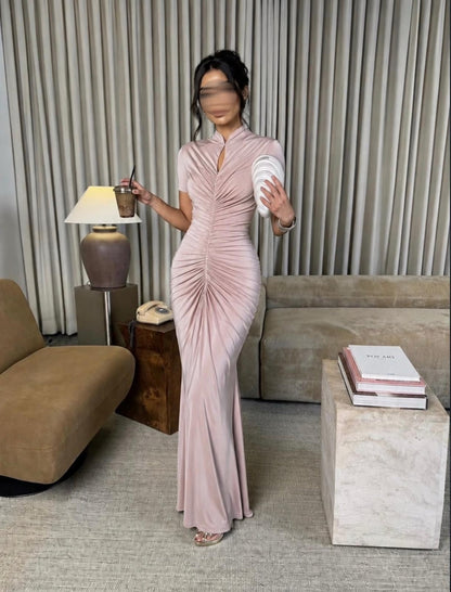 Ruched Keyhole High Neck Maxi Dress
