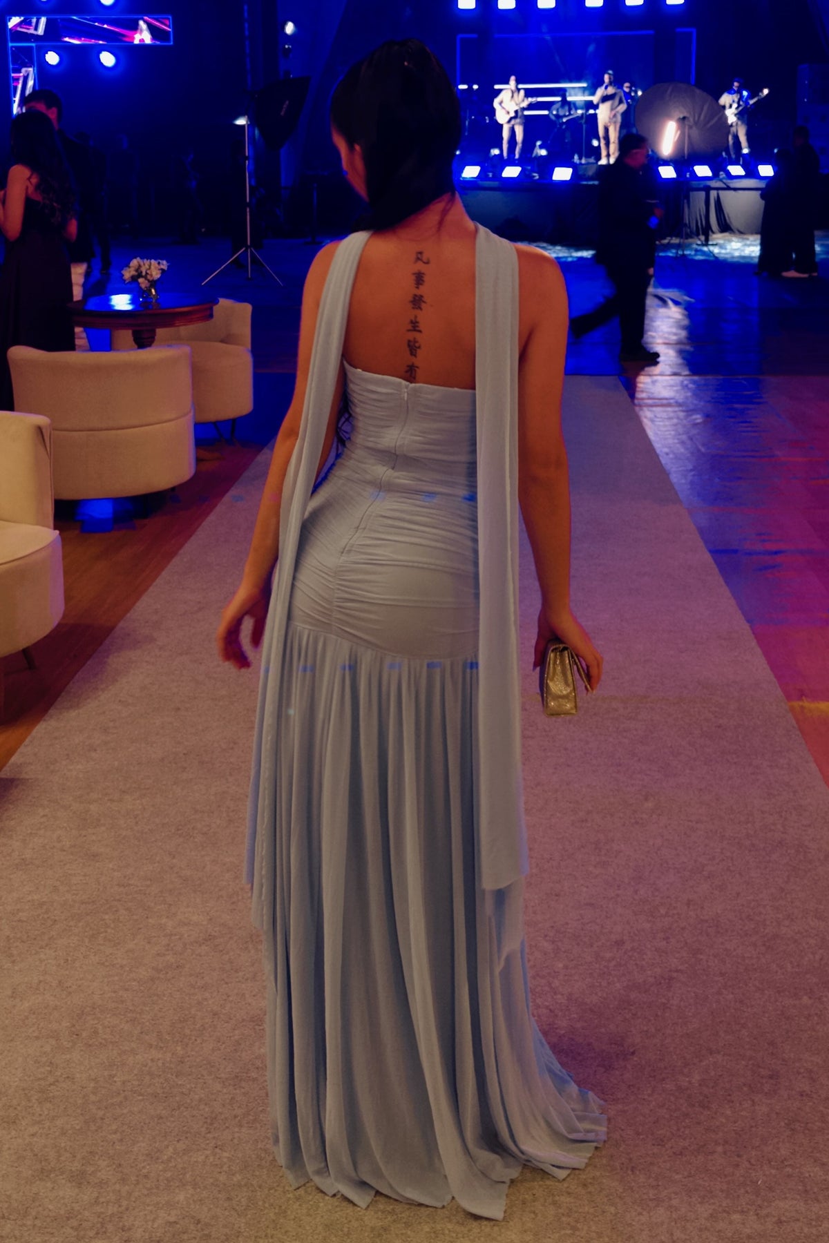 Ruched Sweetheart Gown with Attached Neck Scarf