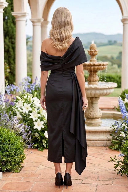 One-Shoulder Drape Midi Dress with Side Cascade