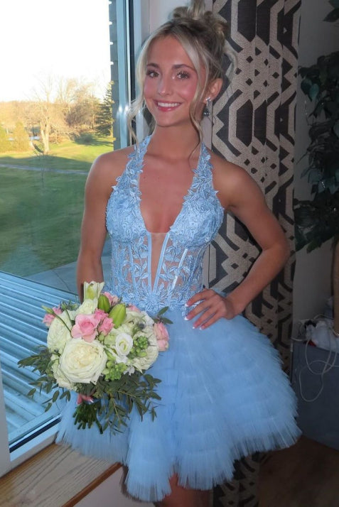 Halter Deep V-Neck Corset Tiered Tulle Mini Dress