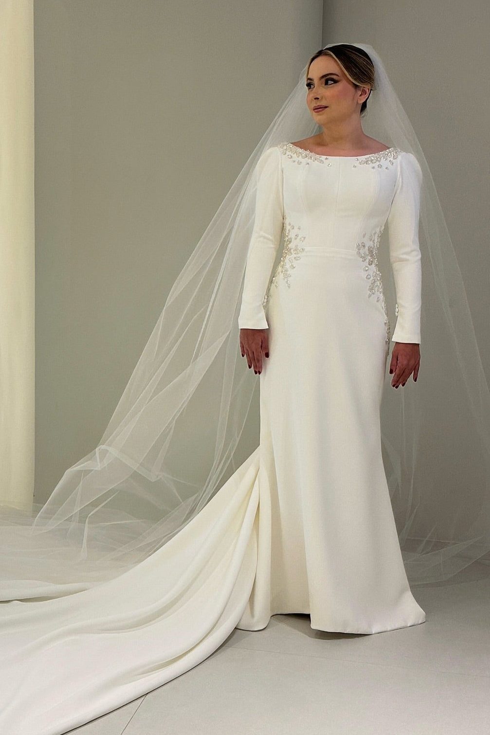 Long Sleeve Crepe Mermaid Wedding Dress with Train