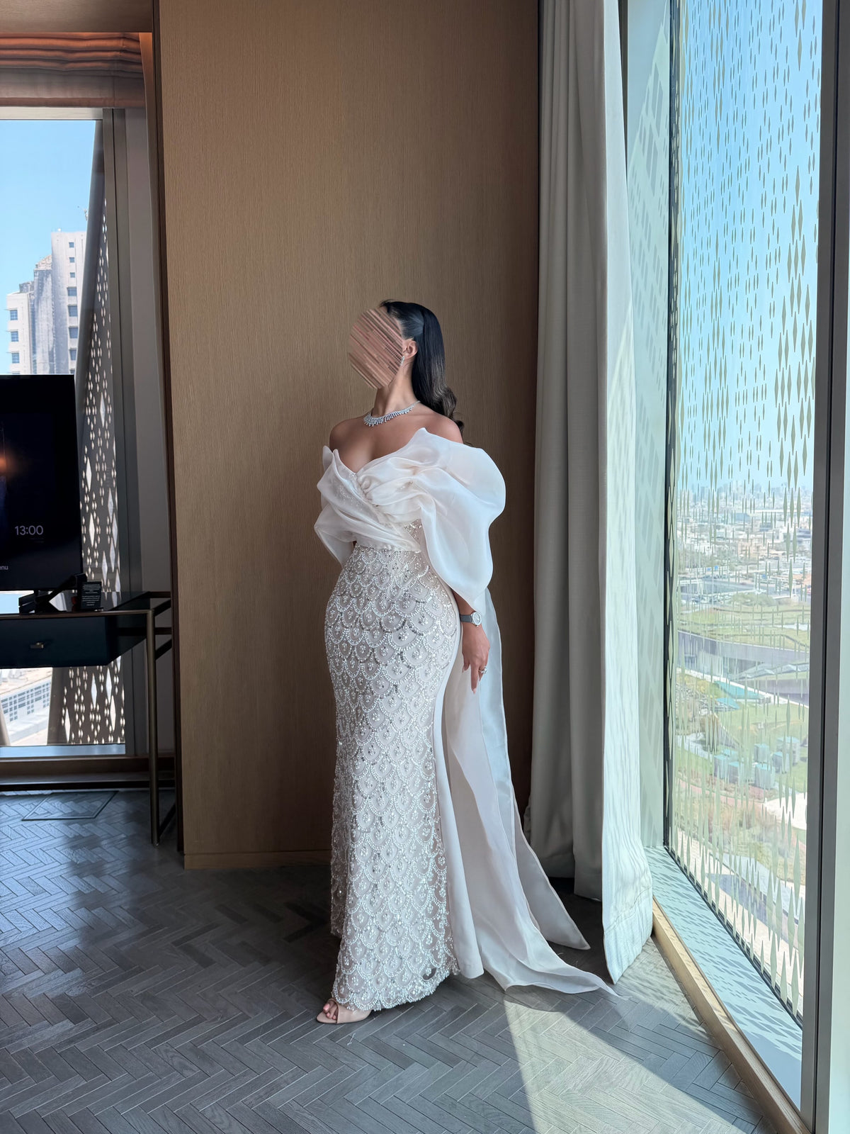 Off-the-Shoulder Beaded Column Gown with Back Bow