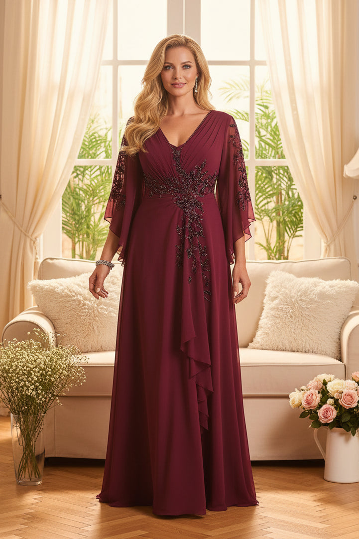 Beaded Chiffon Bell Sleeve Evening Gown