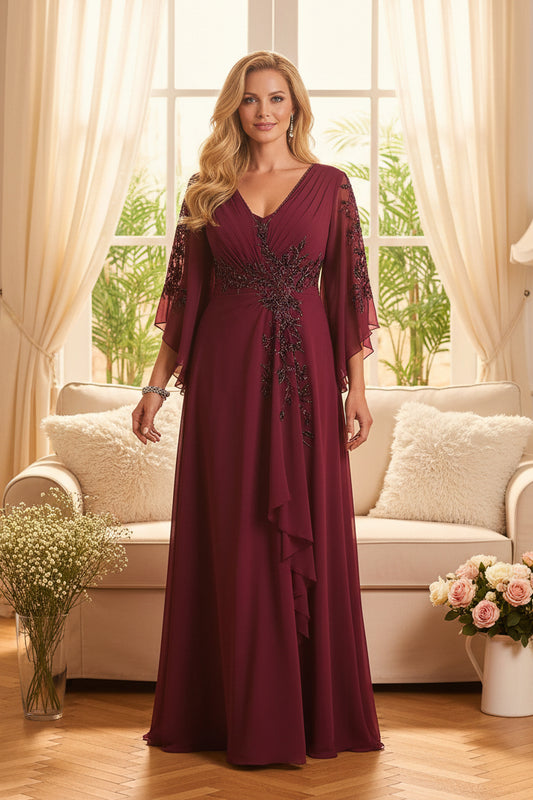 Beaded Chiffon Bell Sleeve Evening Gown