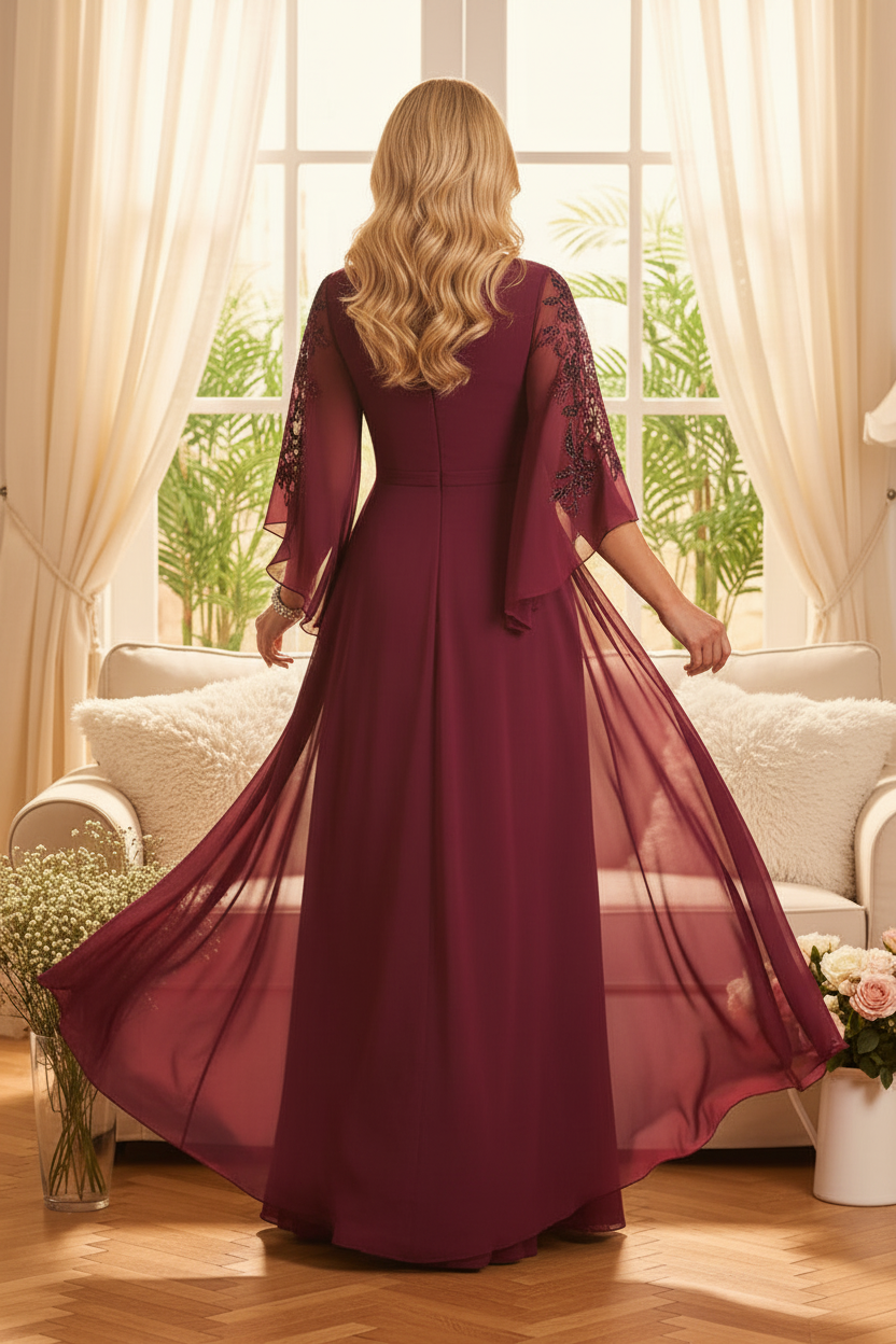 Beaded Chiffon Bell Sleeve Evening Gown