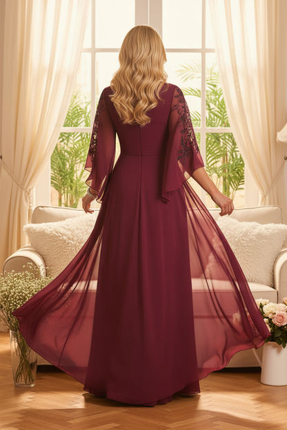 Beaded Chiffon Bell Sleeve Evening Gown
