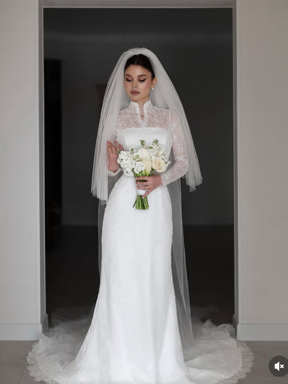 Lace High Neck Long Sleeve Wedding Dress with Corset