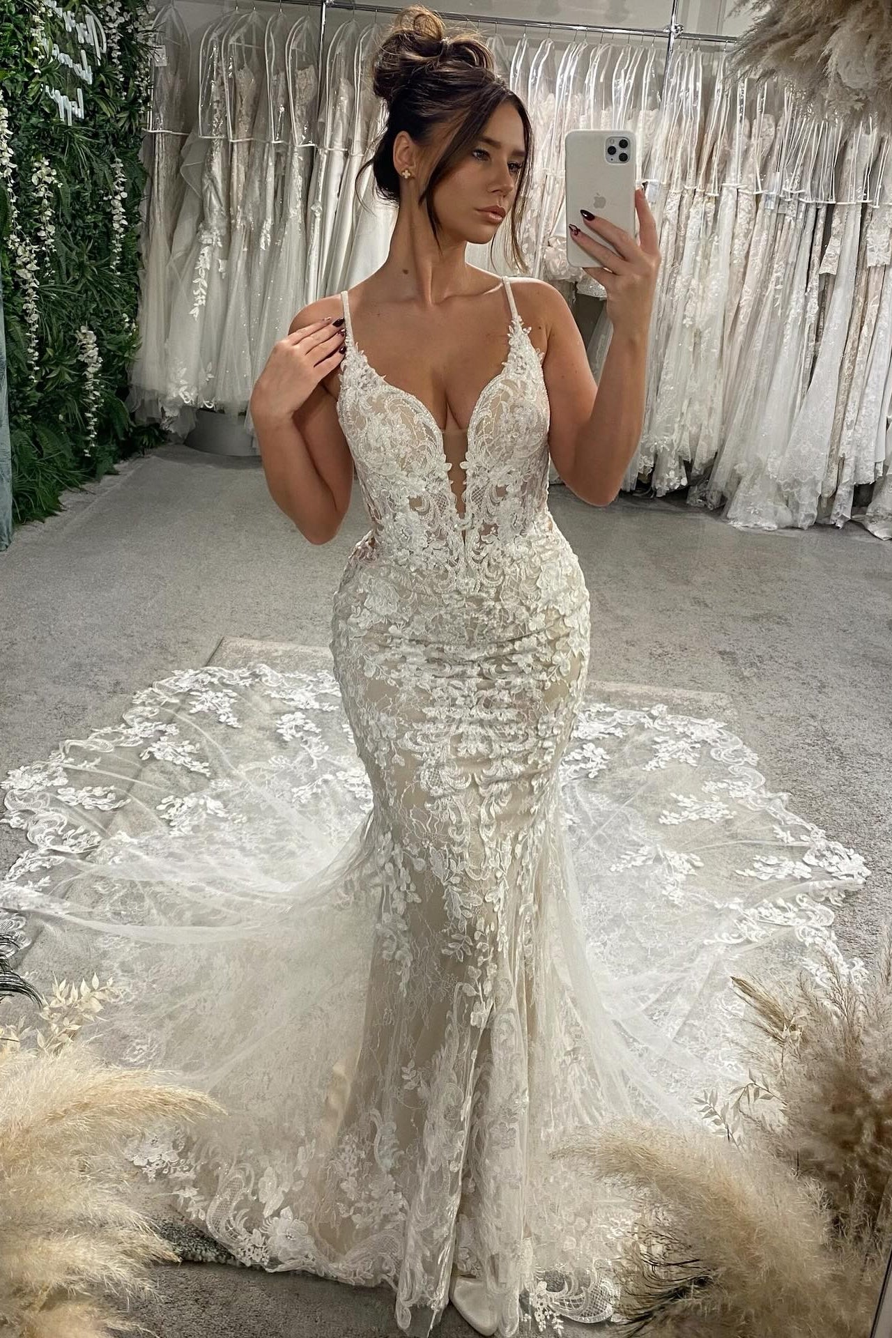 Plunging V-Neck Lace Mermaid Bridal Gown
