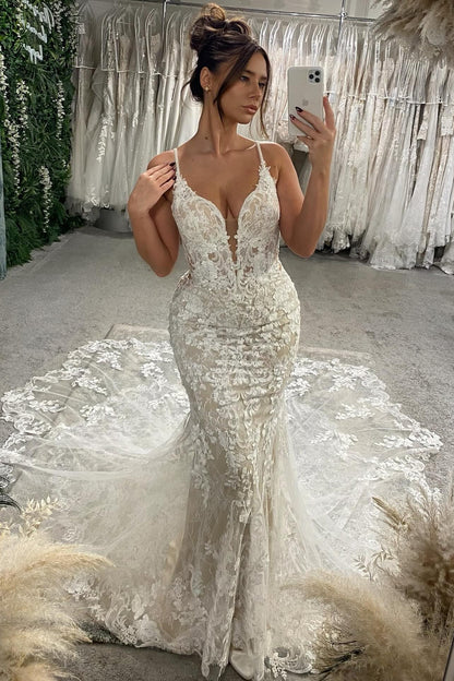 Plunging V-Neck Lace Mermaid Bridal Gown