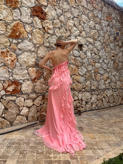Embroidered Ruffle Maxi Dress with High Slit