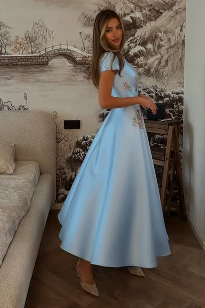 Embroidered Satin A-Line Ankle-Length Dress