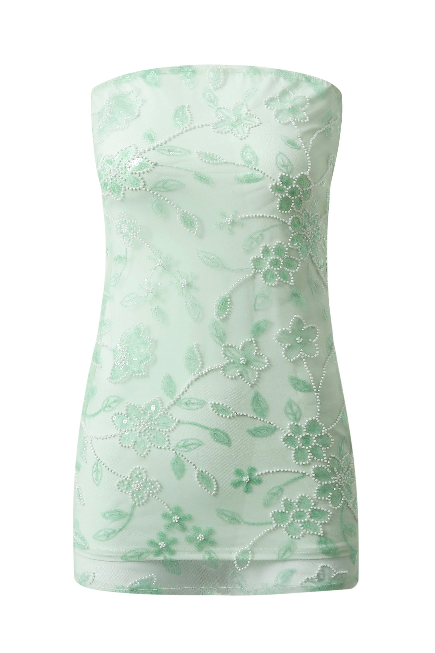 Beaded Floral Mesh Strapless Mini Dress