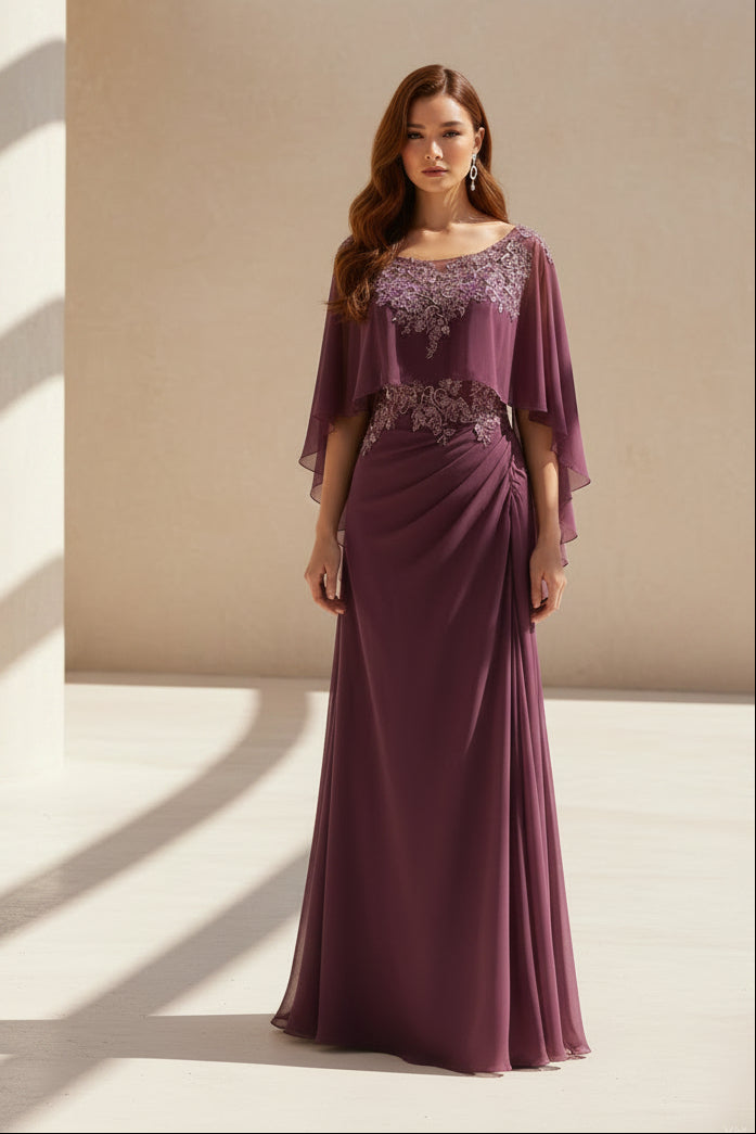 Cape Sleeve Illusion V-Neck Formal Evening Gown