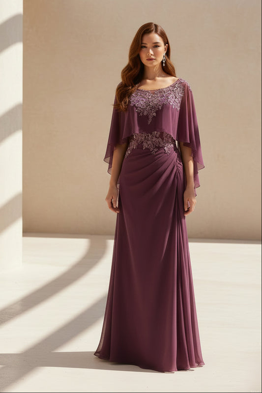 Cape Sleeve Illusion V-Neck Formal Evening Gown