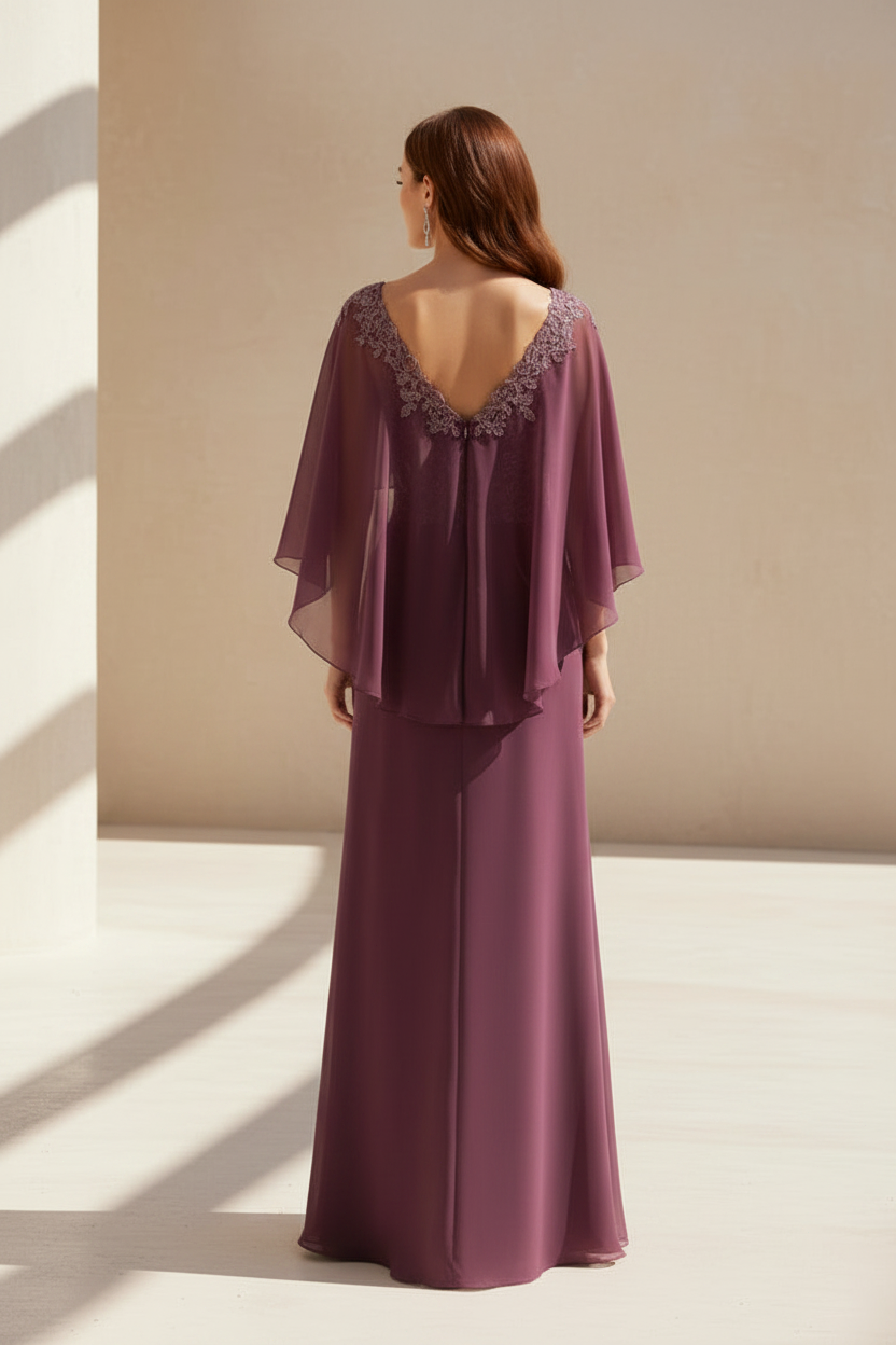 Cape Sleeve Illusion V-Neck Formal Evening Gown