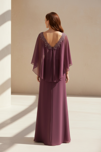 Cape Sleeve Illusion V-Neck Formal Evening Gown