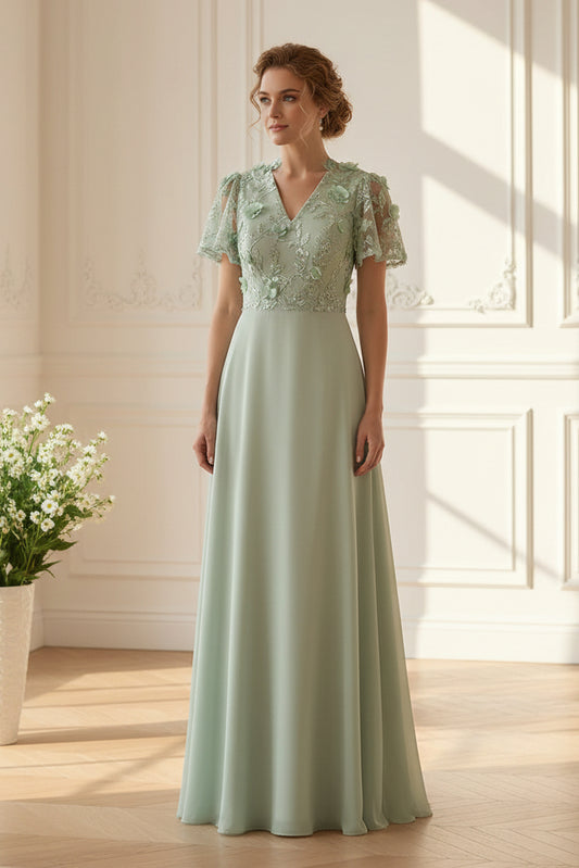 V-Neck A-Line Chiffon Dress with 3D Flowers