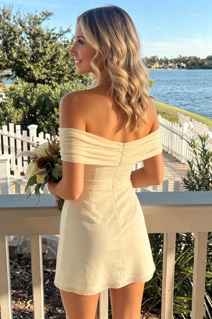 Off-the-Shoulder Ruched Chiffon Mini Dress