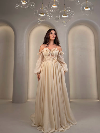 Corset Gown with Floral Appliques & Bishop Sleeves
