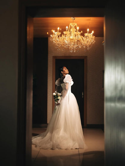Romantic Off-The-Shoulder Tulle Corset Wedding Gown