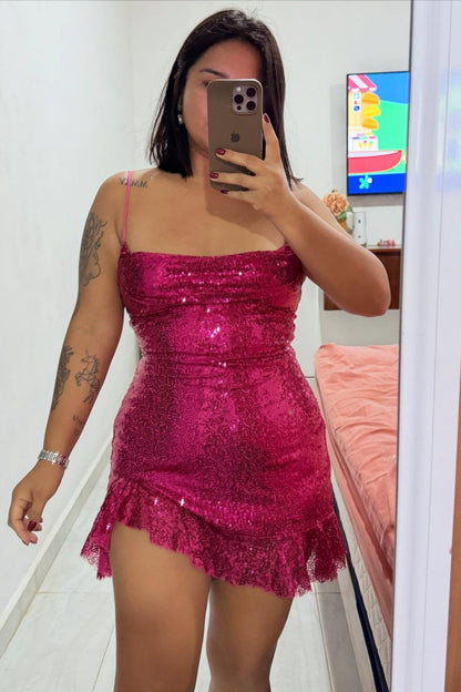 Cowl Neck Sequin Lace-Up Asymmetric Mini Dress