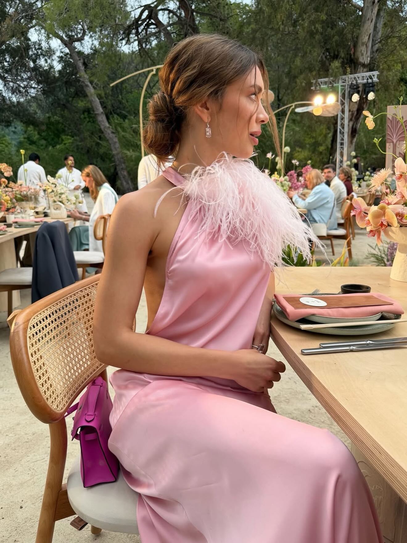 Halter Neck Feather Backless Satin Maxi Dress