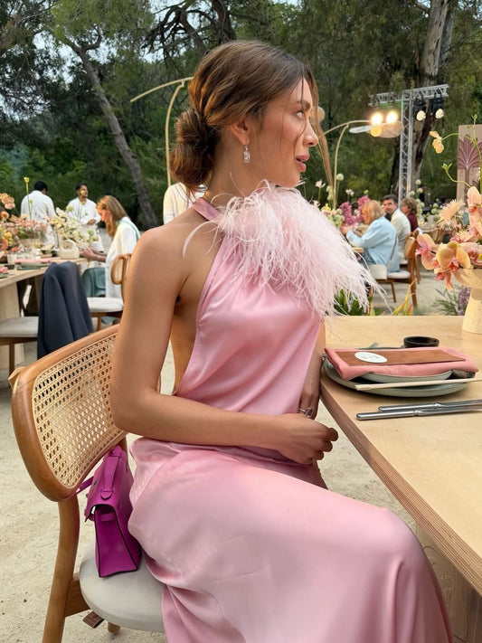 Halter Neck Feather Backless Satin Maxi Dress