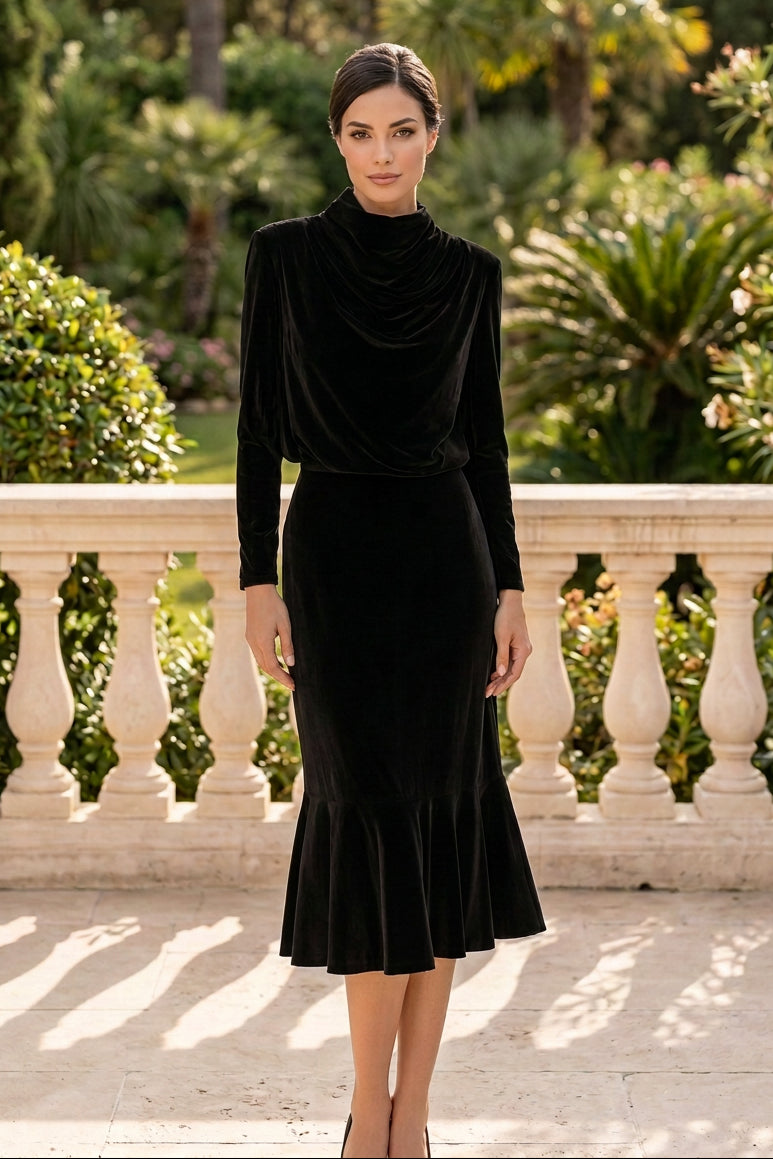 Cowl High-Neck Velvet Flounce Midi Dress
