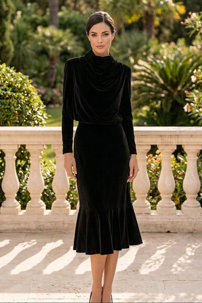 Cowl High-Neck Velvet Flounce Midi Dress