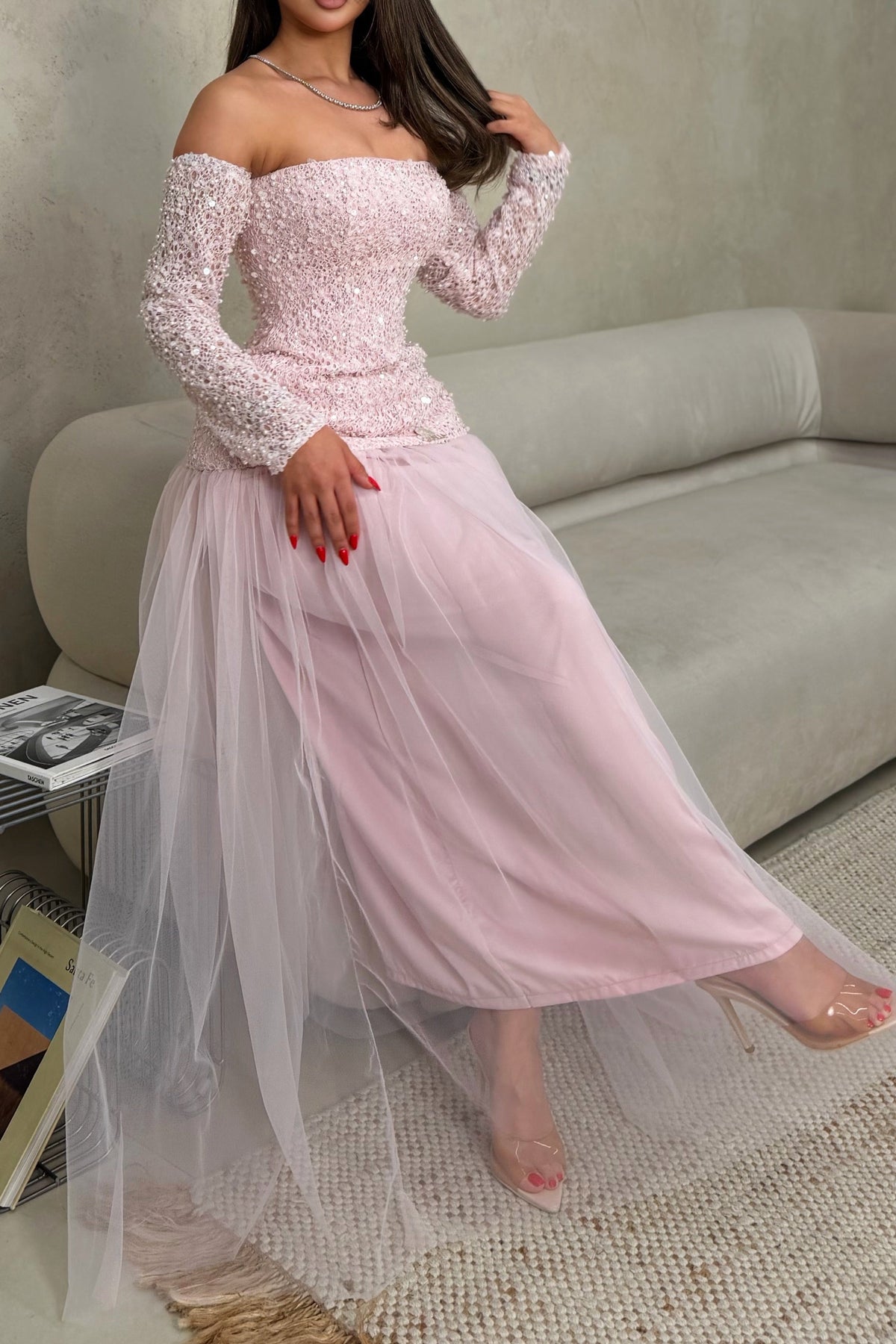 Sequin Lace-Up Corset Tulle Maxi Dress