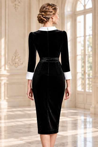 Velvet Midi Sheath Dress with Contrast Collar & Tie